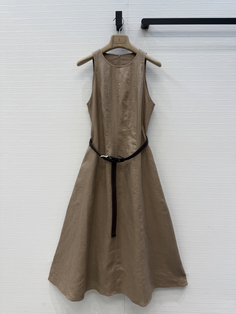 Brunello Cucinelli Shimmering Linen Sleeveless A-Line Dress in Khaki