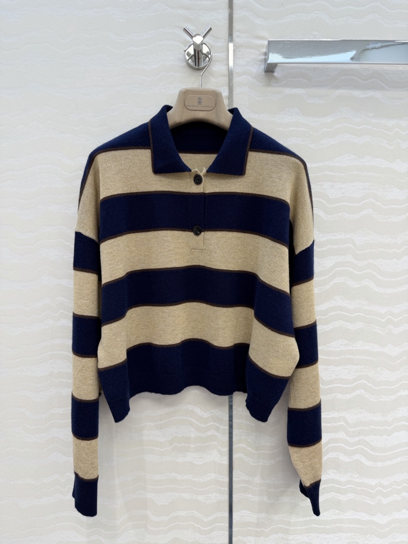 Brunello Cucinelli Striped Linen-Wool Blend Knit Polo Top with Silver Lurex