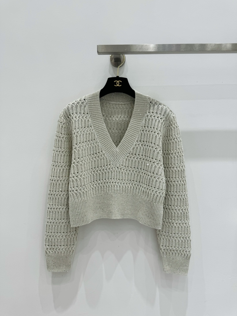 Brunello Cucinelli Sequin Linen-Cotton Cropped V-Neck Sweater in Cream