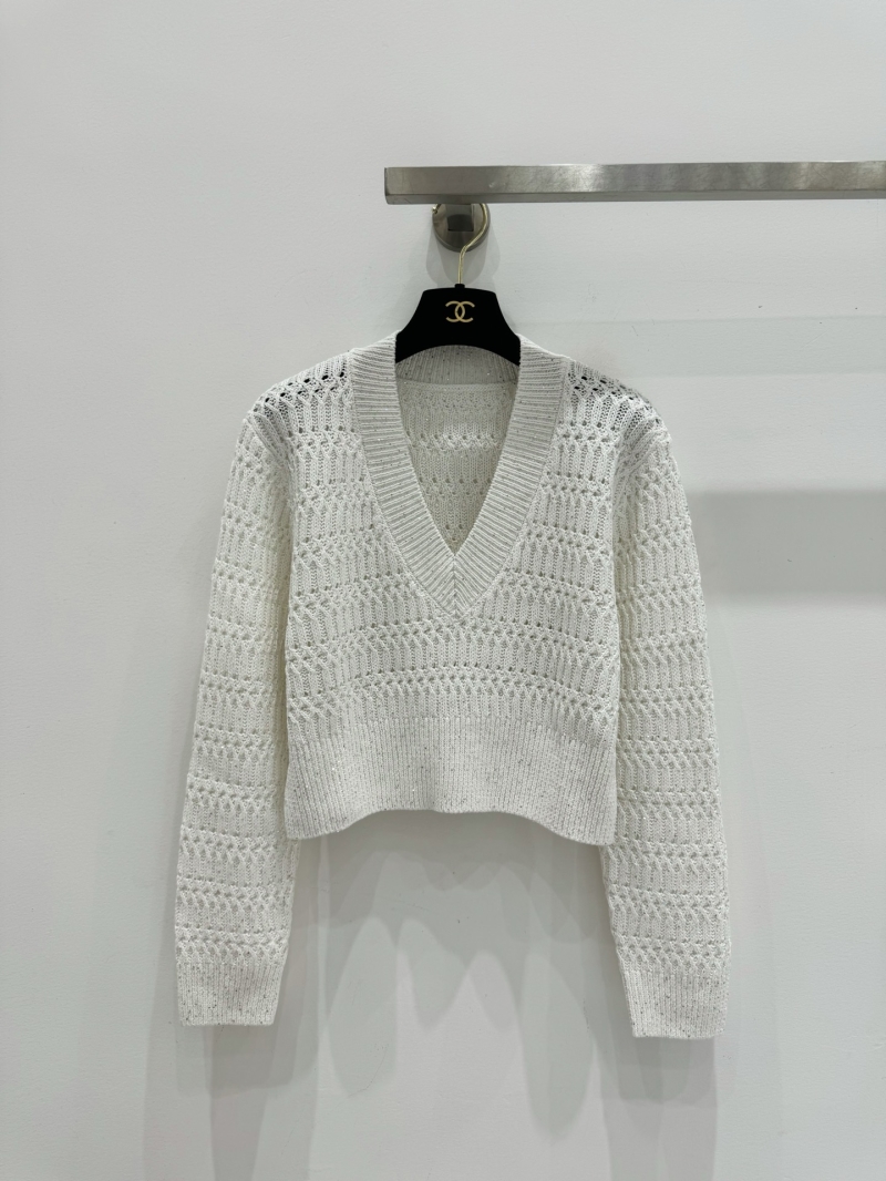 Brunello Cucinelli Sequin Linen Cotton V-Neck Pointelle Knit Crop Top in White