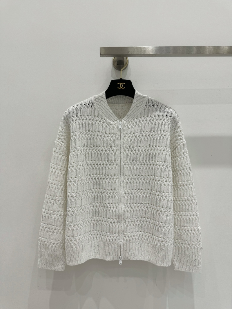 Brunello Cucinelli Sequin Pointelle Linen-Cotton Bomber Cardigan - Cream White