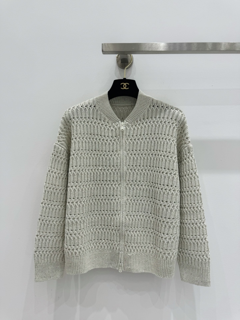 Brunello Cucinelli Sequin Linen-Cotton Pointelle Knit Cardigan - Oatmeal