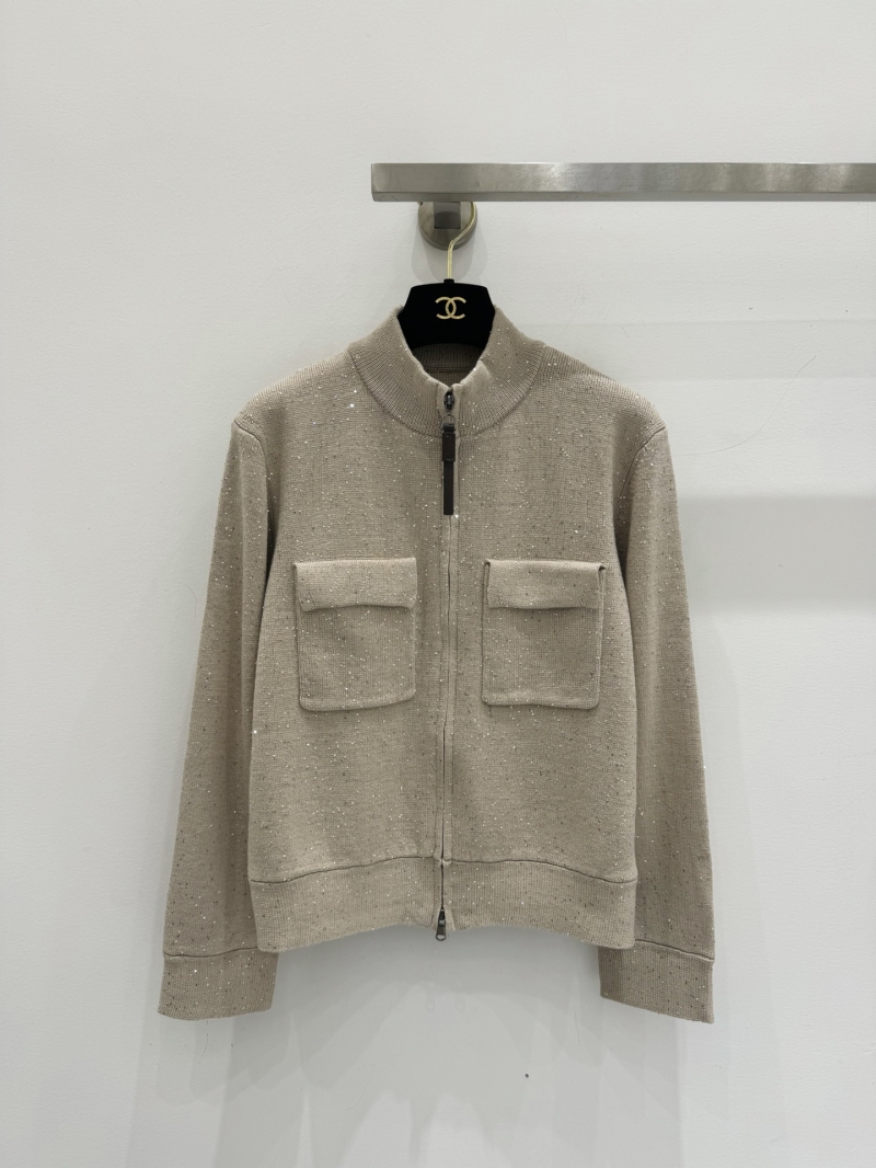 Brunello Cucinelli Sequin-Embellished Double-Zip Knit Cardigan in Oatmeal Beige
