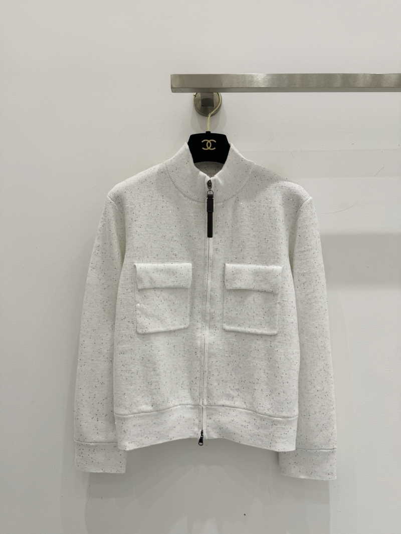 Brunello Cucinelli Sequin Linen-Cotton Knit Jacket in Ivory