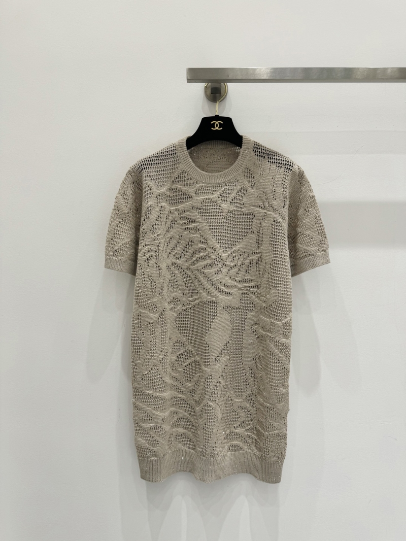 Brunello Cucinelli Sequin Linen-Cotton Knit Tunic Dress in Champagne Beige