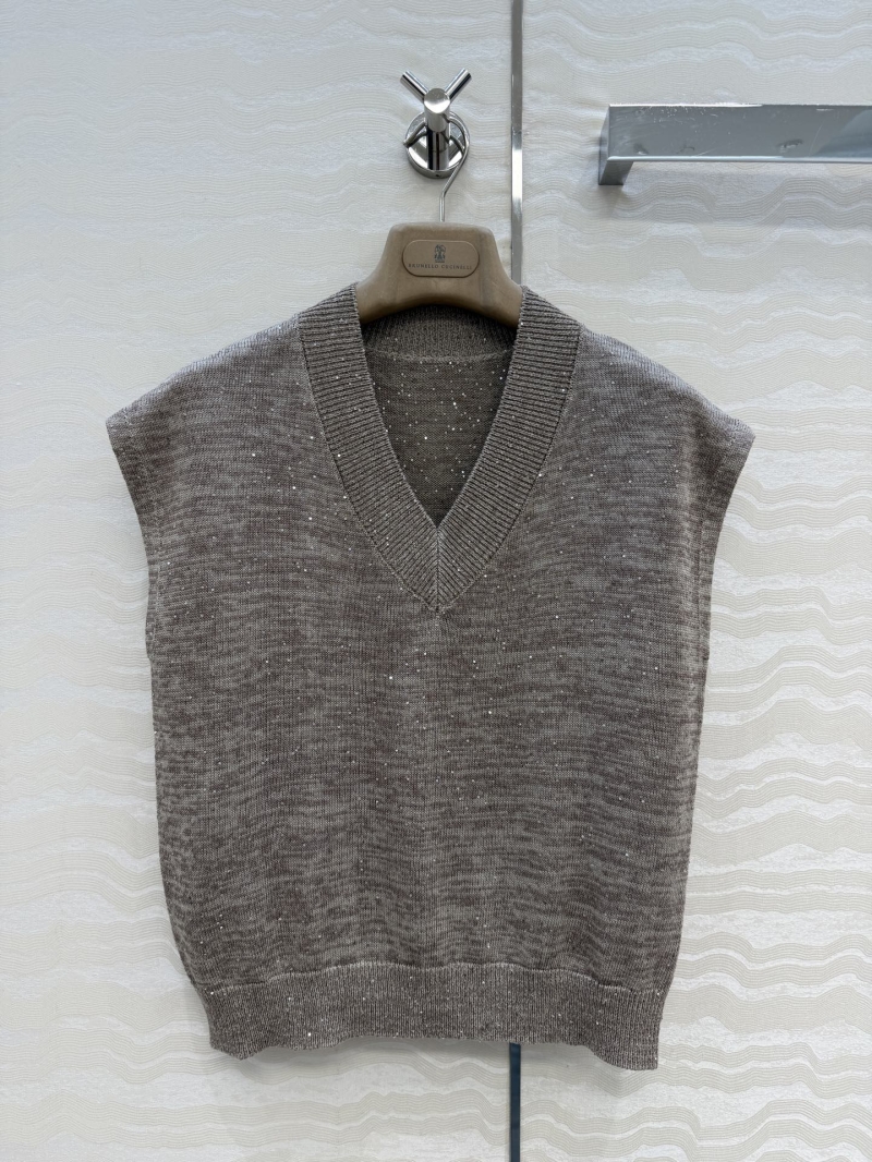 Brunello Cucinelli Sequin Linen-Cotton Blend V-Neck Knit Vest in Taupe