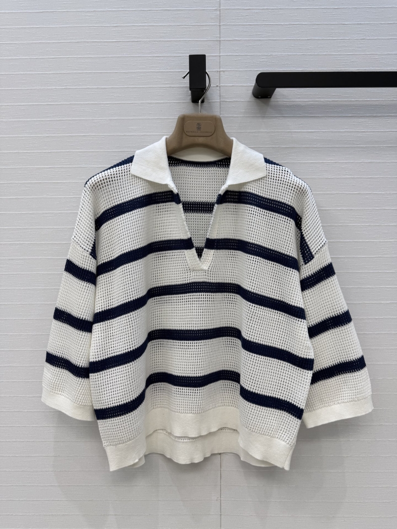 Brunello Cucinelli Striped Open-Knit Cotton-Blend Polo Sweater in Cream and Navy