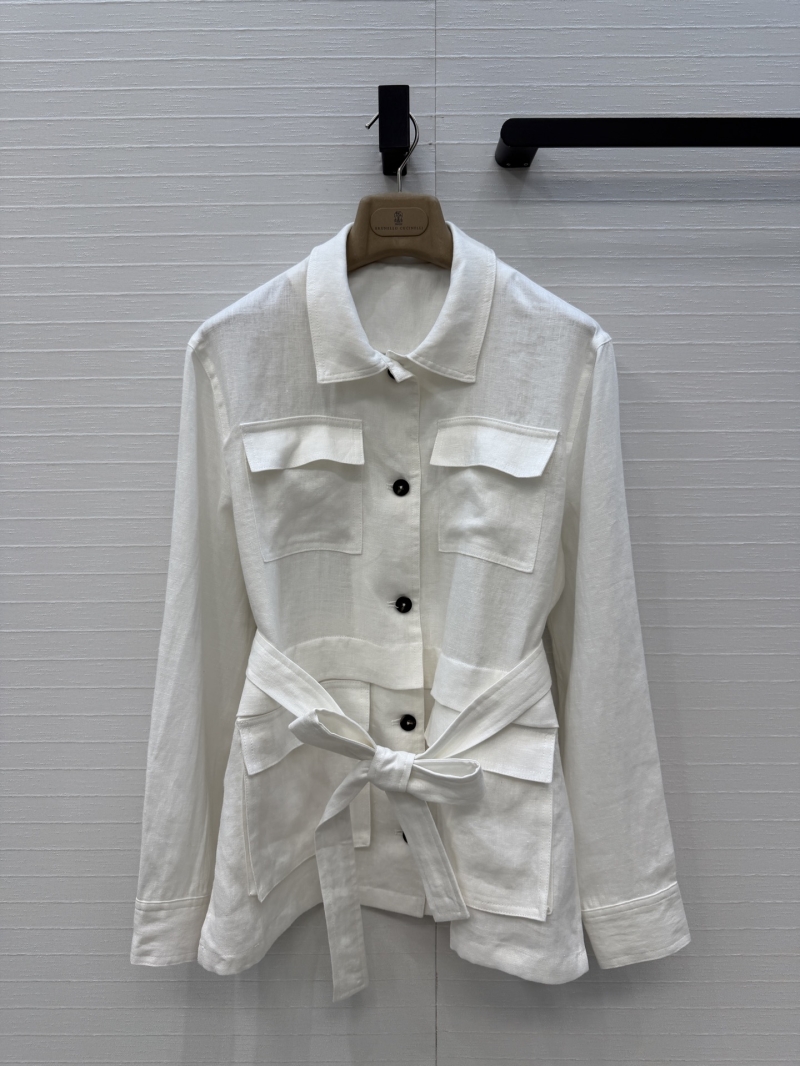 Brunello Cucinelli Signature Linen Safari Utility Jacket in Cream