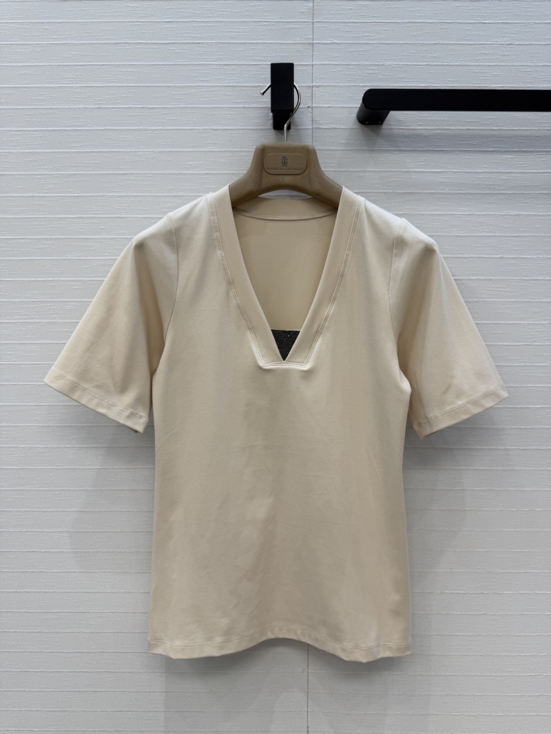 Brunello Cucinelli Signature Monili Copper Chain Embroidered V-Neck Slim-Fit Top in Cream