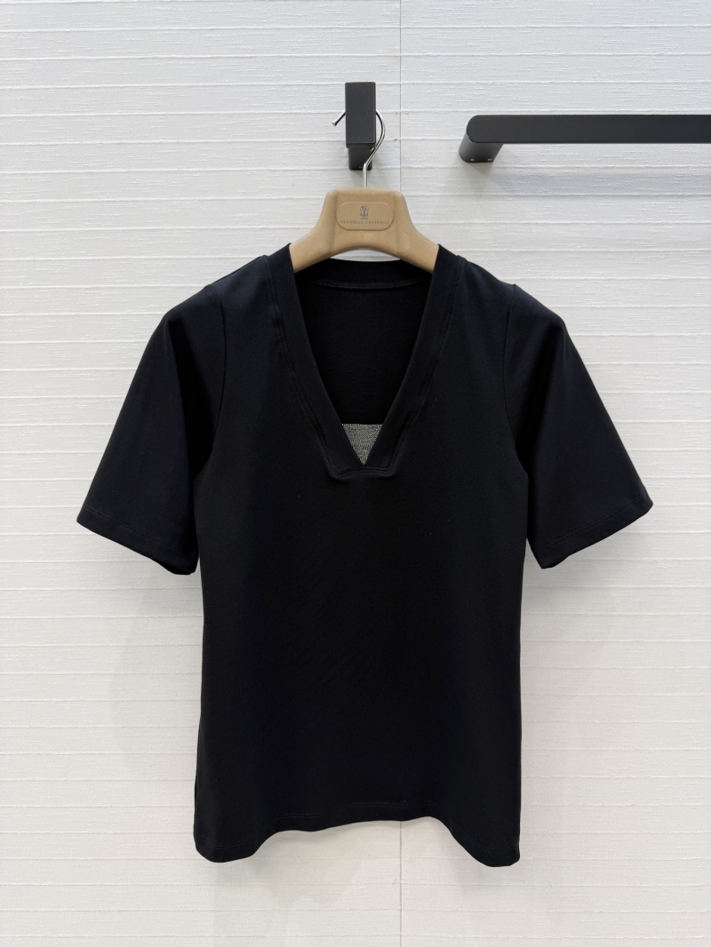 Brunello Cucinelli Monili Copper Chain Embroidered V-Neck Mid-Sleeve Top