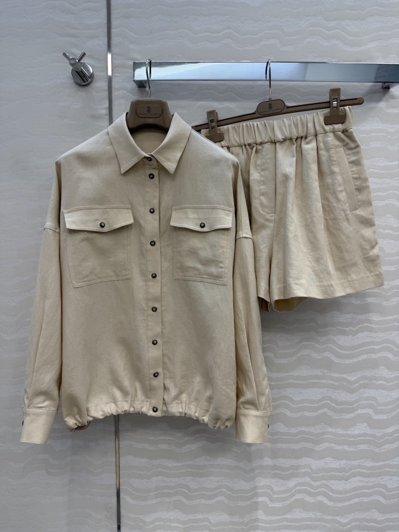 Brunello Cucinelli 100% Imported Linen Dropped-Shoulder Jacket and Shorts Set in Oatmeal