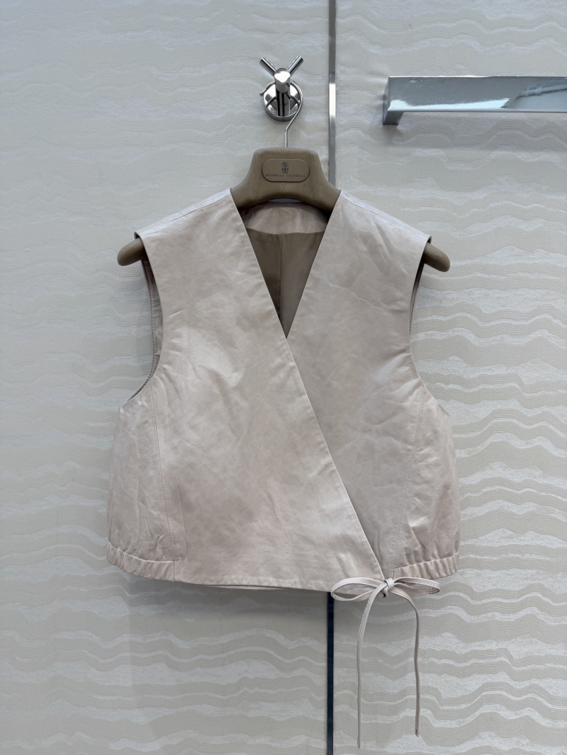 Brunello Cucinelli 100% Imported Lambskin Leather Wrap-Style Cropped Vest in Cream