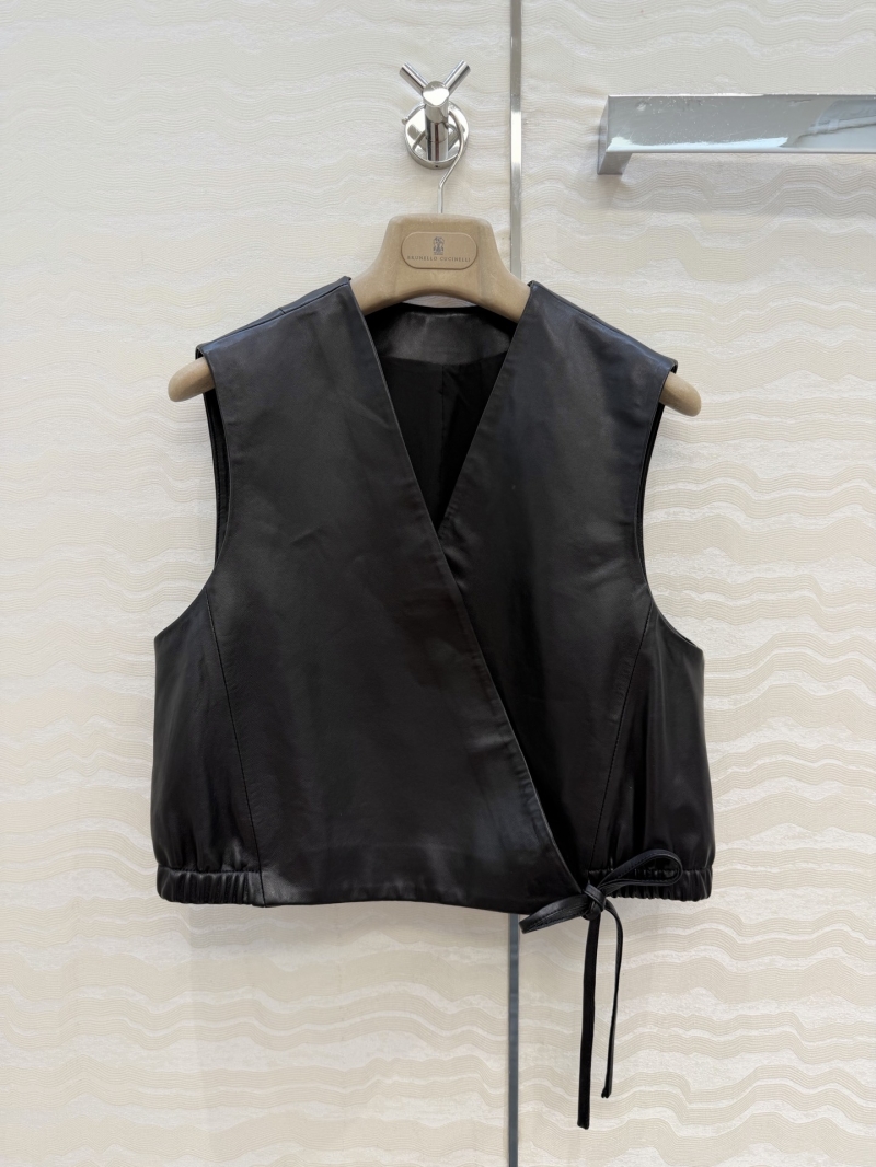 Brunello Cucinelli Premium 100__PERCENT__ Lambskin Leather Side-Tie Wrap Vest in Black