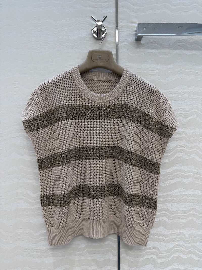 Brunello Cucinelli Striped Linen-Blend Knit Vest with Silver Silk Accents in Beige and Bronze