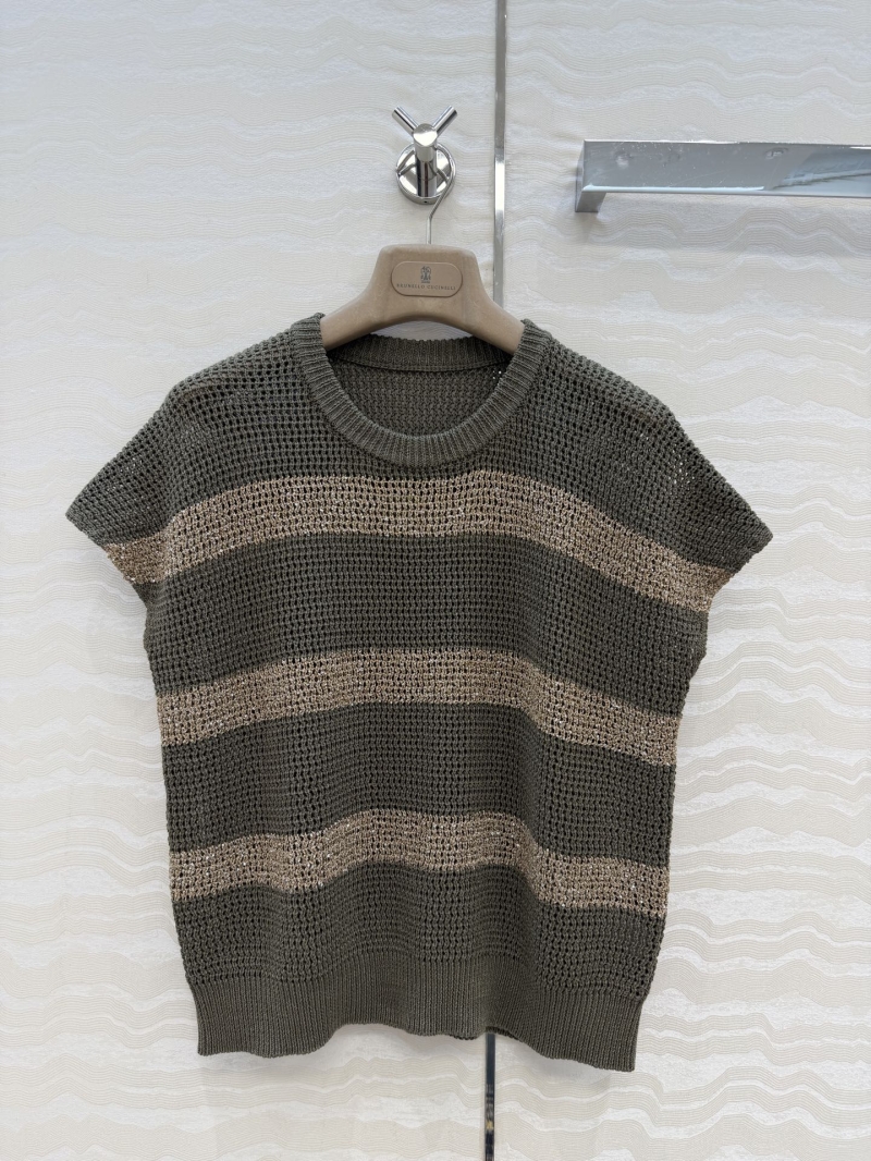Brunello Cucinelli Striped Linen and Silver Silk Knit Vest
