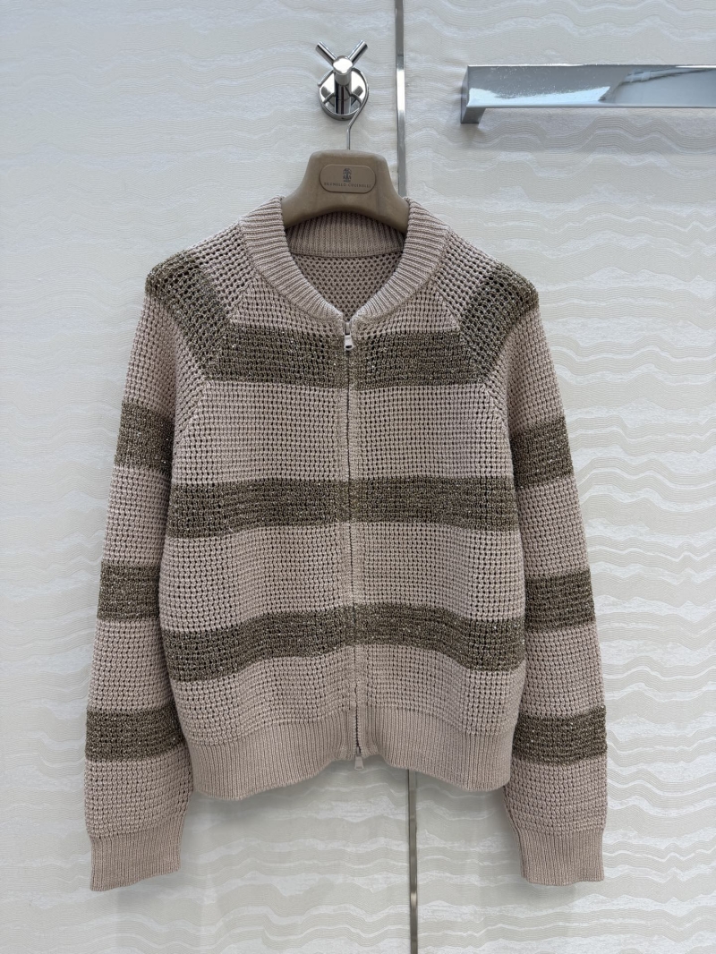 Brunello Cucinelli Striped Linen-Blend Knit Jacket with Silver Lurex Accents