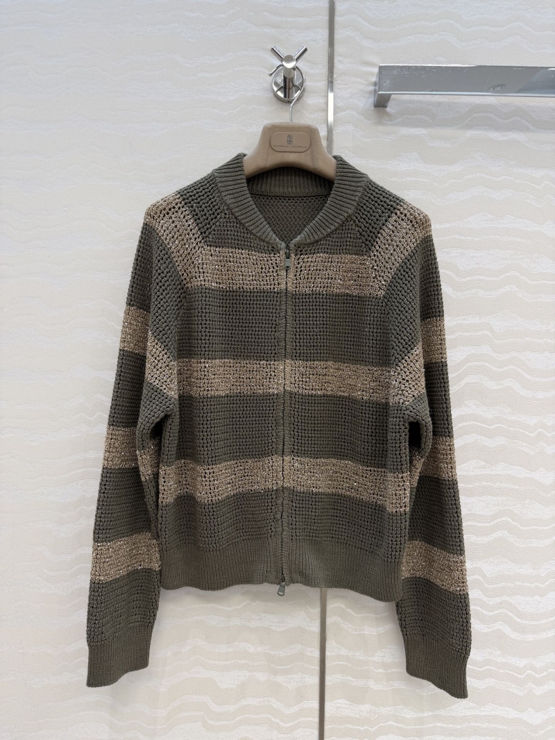 Brunello Cucinelli Contrast Striped Linen-Blend Zip-Up Jacket with Silver Metallic Yarn in Olive and Champagne