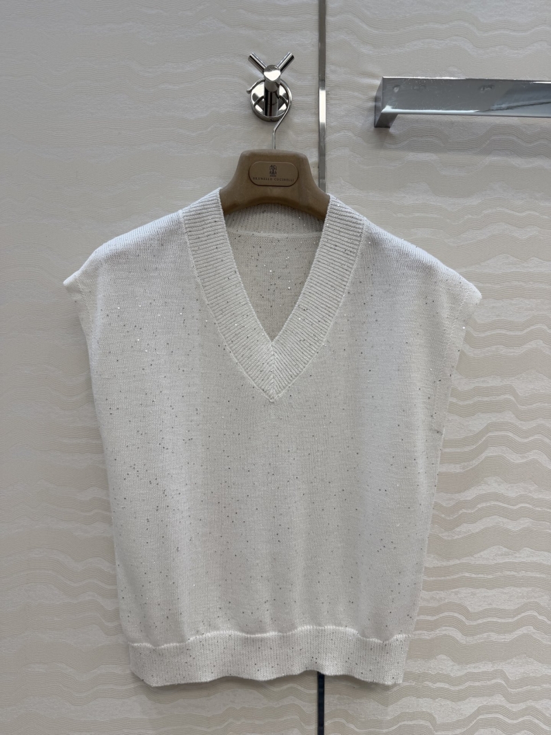 Brunello Cucinelli Linen Cotton Sequin Knit V-Neck Top in Ivory