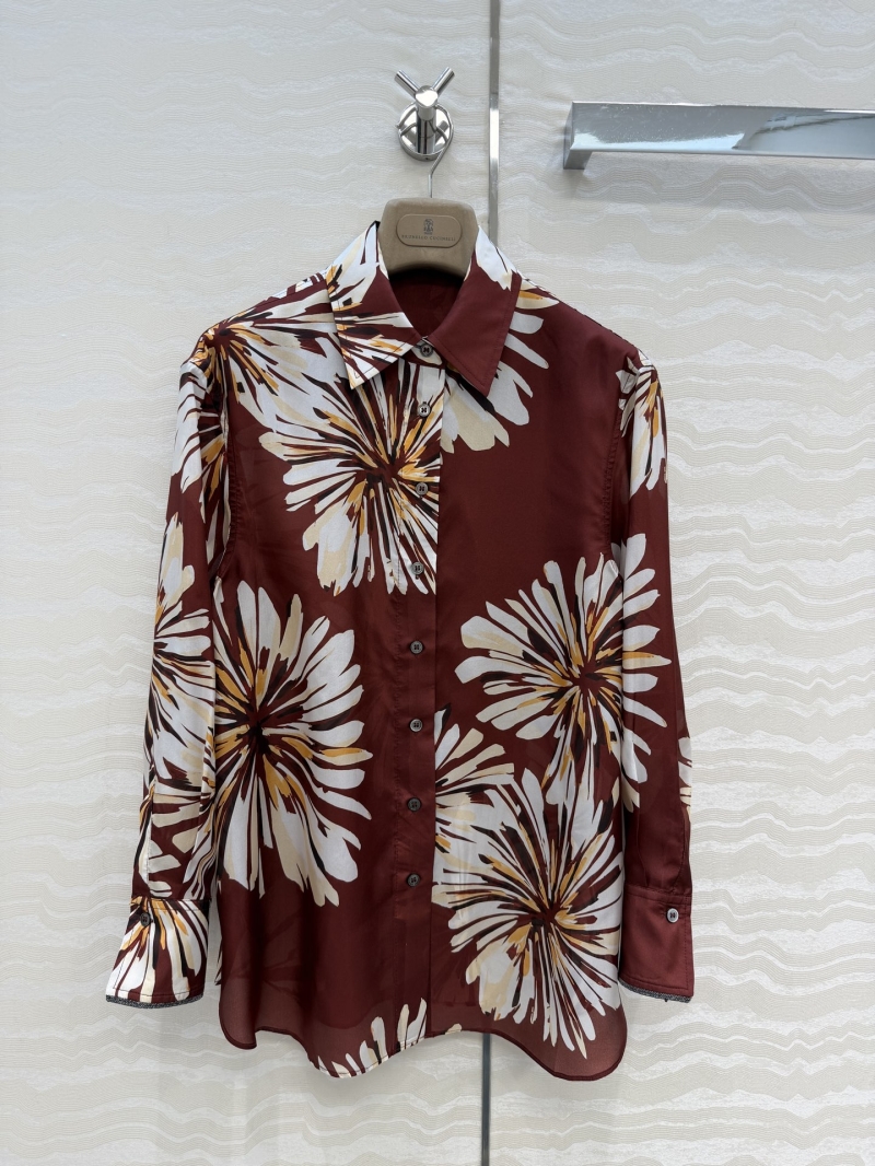 Brunello Cucinelli 100% Mulberry Silk Monili-Trimmed Floral Resort Shirt in Burgundy