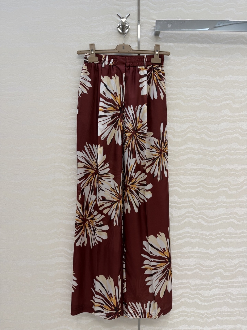 Brunello Cucinelli 100% Mulberry Silk Floral Wide-Leg Resort Trousers in Burgundy