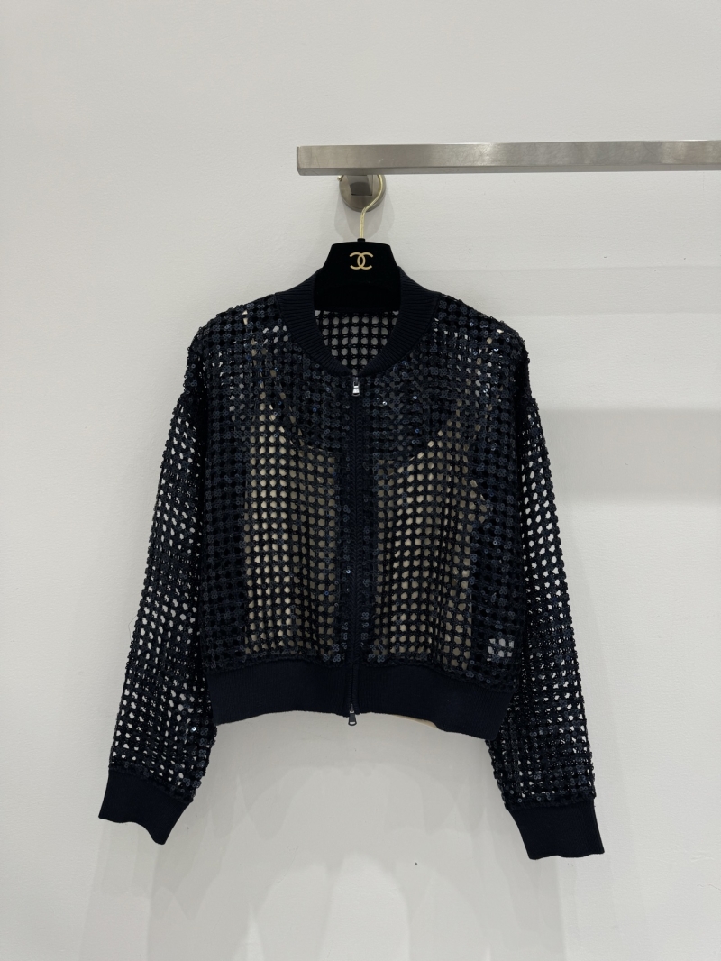 Brunello Cucinelli Hand-Stitched Sequin Mesh Bomber Jacket in Midnight Navy