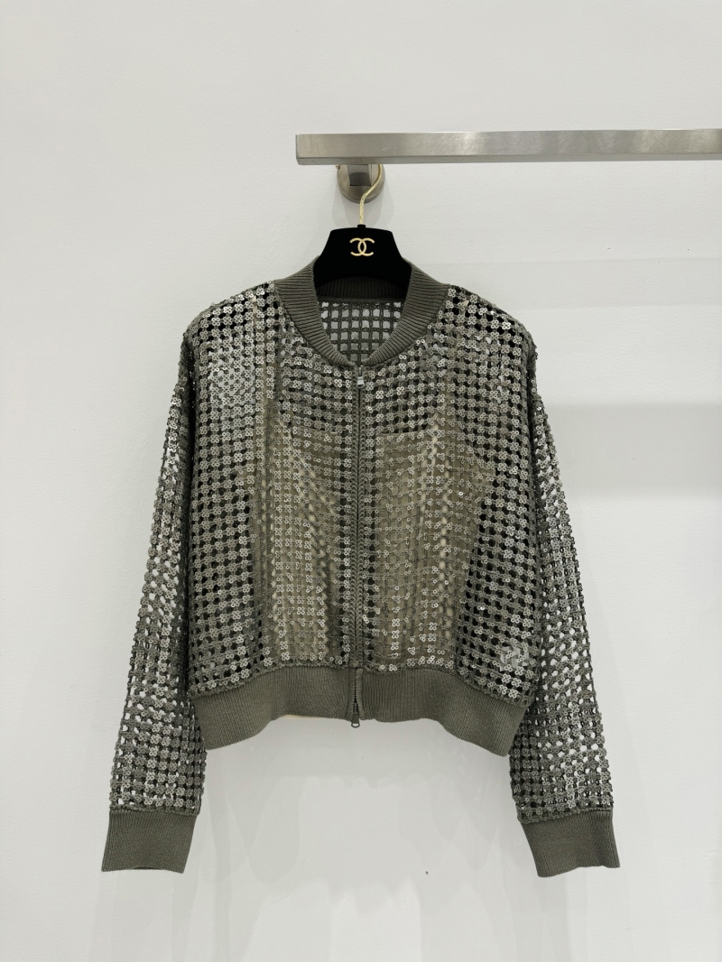 Brunello Cucinelli Hand-Stitched Sequin Mesh Bomber Jacket in Olive Green