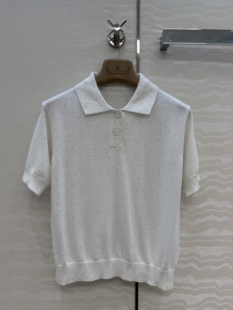 Brunello Cucinelli Linen-Cotton Sequin Polo Top