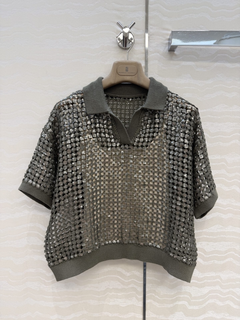 Brunello Cucinelli Linen-Blend Open-Knit Sequin Polo Top