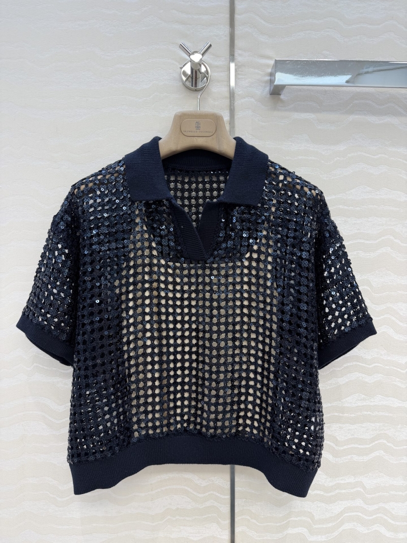 Brunello Cucinelli Linen Open-Knit Polo Top with Sequin Embroidery