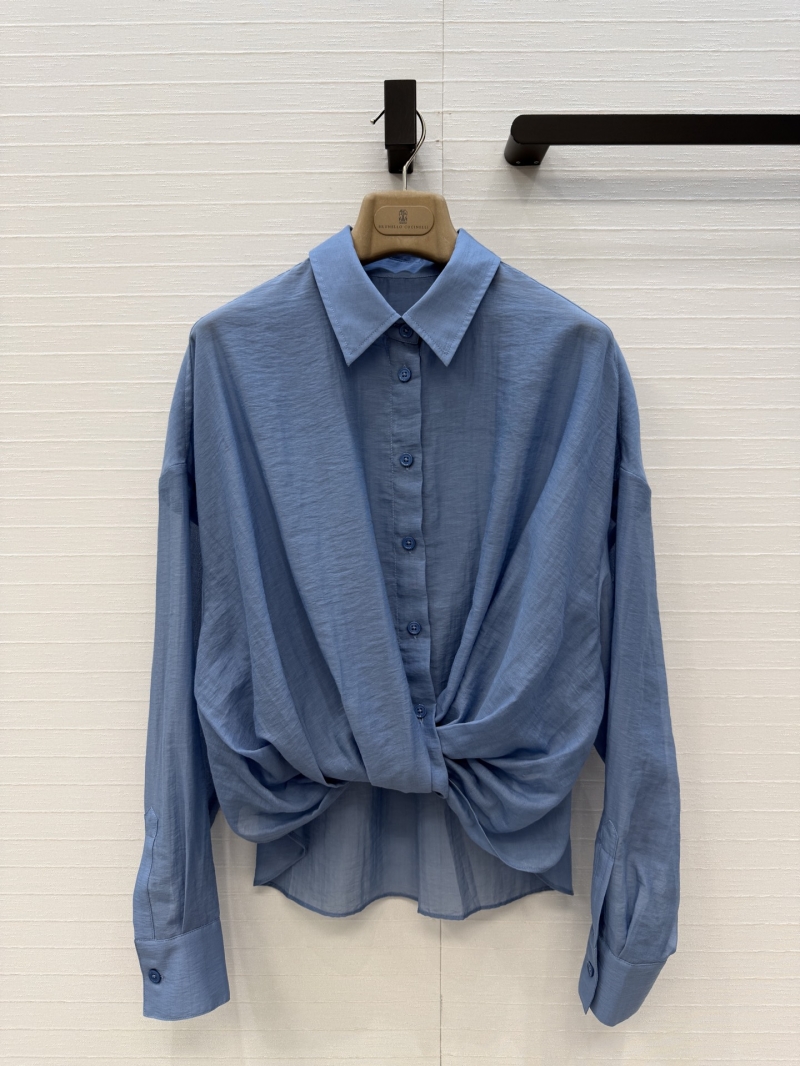 Brunello Cucinelli Silk-Cotton Knotted Hem Shirt in Old Money Chic