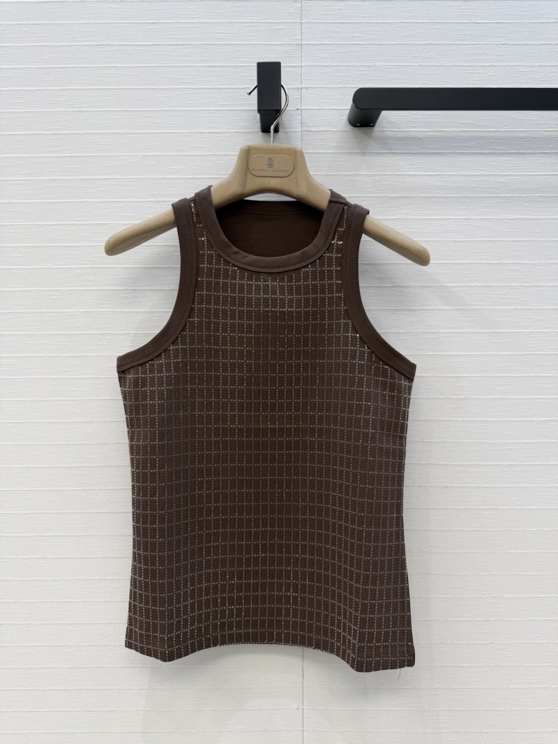 Brunello Cucinelli Brass Sequin Embroidered Sleeveless Tank Top