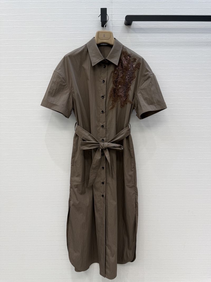 Brunello Cucinelli Cotton Blend Sequin Embroidered Shirt Dress