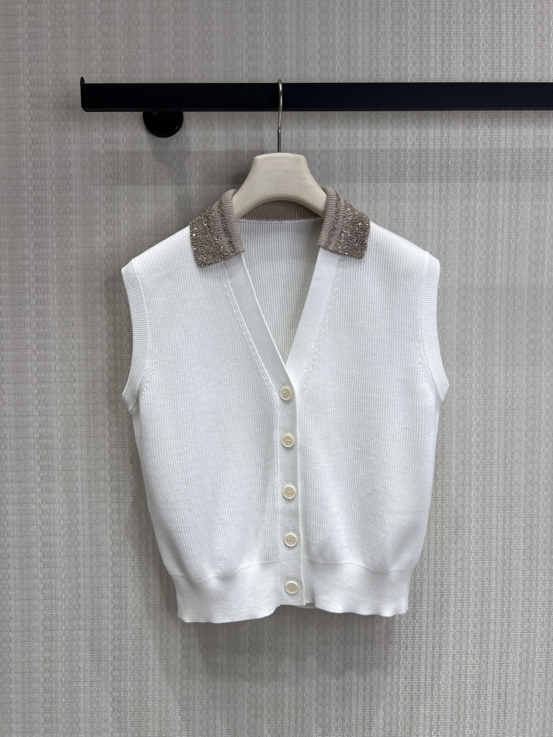 Brunello Cucinelli Embellished Rib-Knit Button-Down Vest in Off-White and Champagne Gold