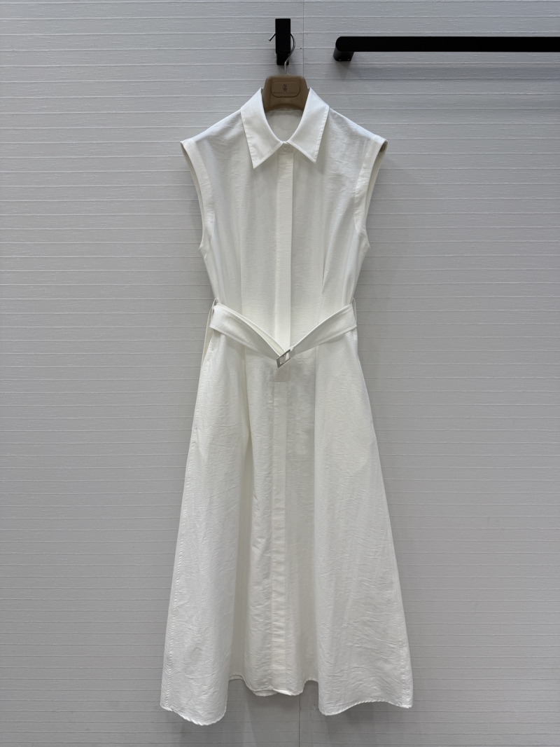 Brunello Cucinelli Custom Twill Cotton Pleated Shirt Dress in White