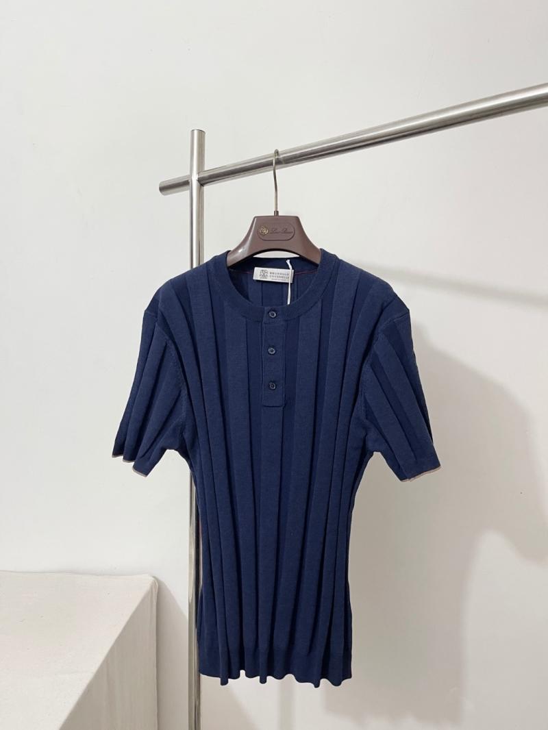 Brunello Cucinelli Ribbed Linen-Cotton Blend Henley Knit T-Shirt in Navy Blue