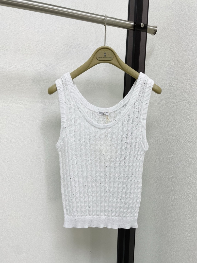 Brunello Cucinelli White Sequin Pointelle Knit Scoop Neck Vest