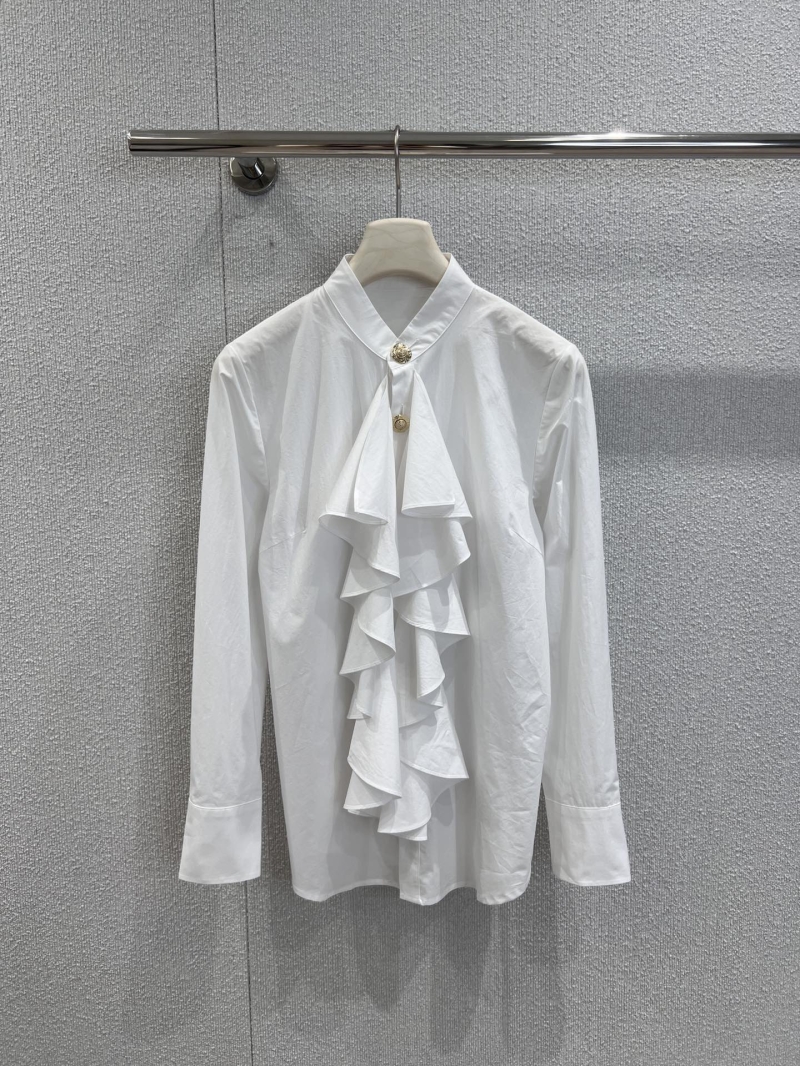 Balmain 25FW Early Autumn Plain Ruffle Pleated Shirt - Elegant Twill Cotton