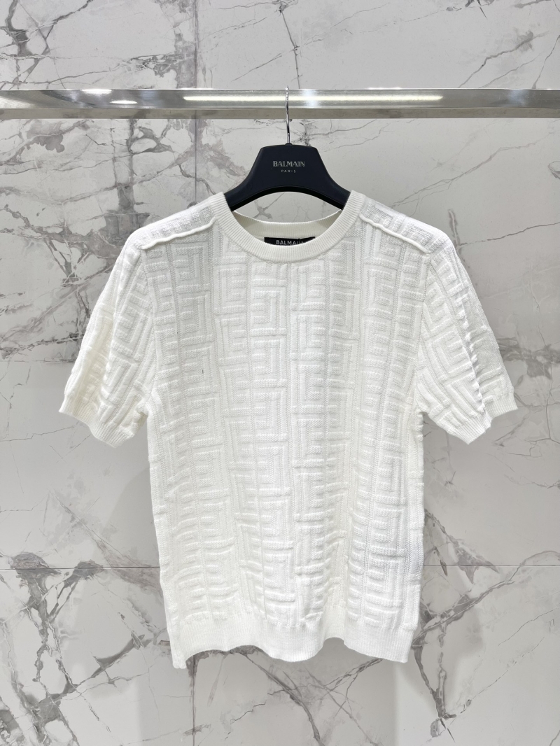 BALMAIN Jacquard Knit Round Neck Short Sleeve Top