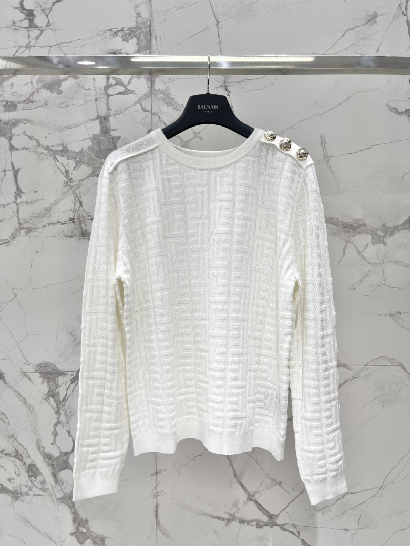 BALMAIN Jacquard Metal Shoulder Button Knit Round Neck Short Sleeve Top