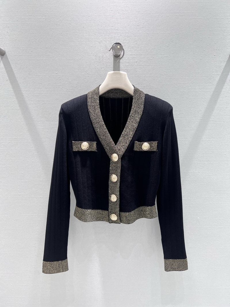Balmain Cropped V-Neck Cardigan with Gold Thread Accents - Women's Short Knit Blazer in Dark Navy and Silver