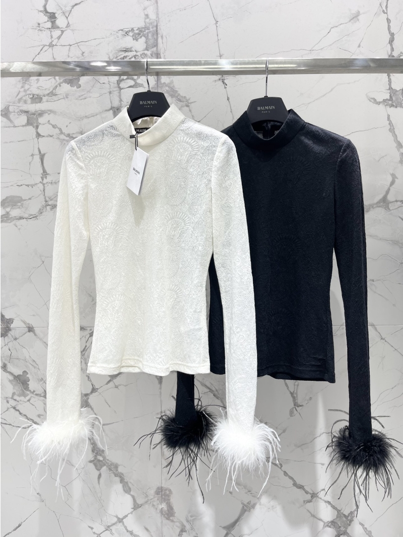 Balmain Embossed Jacquard Top with Ostrich Feather Cuffs in White