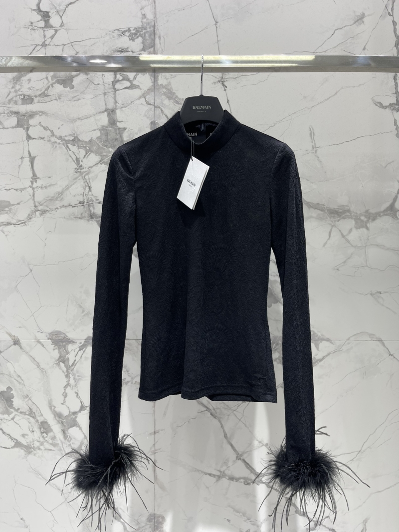 Balmain Black Jacquard Top with Ostrich Feather Cuffs - Luxe Cropped Blouse