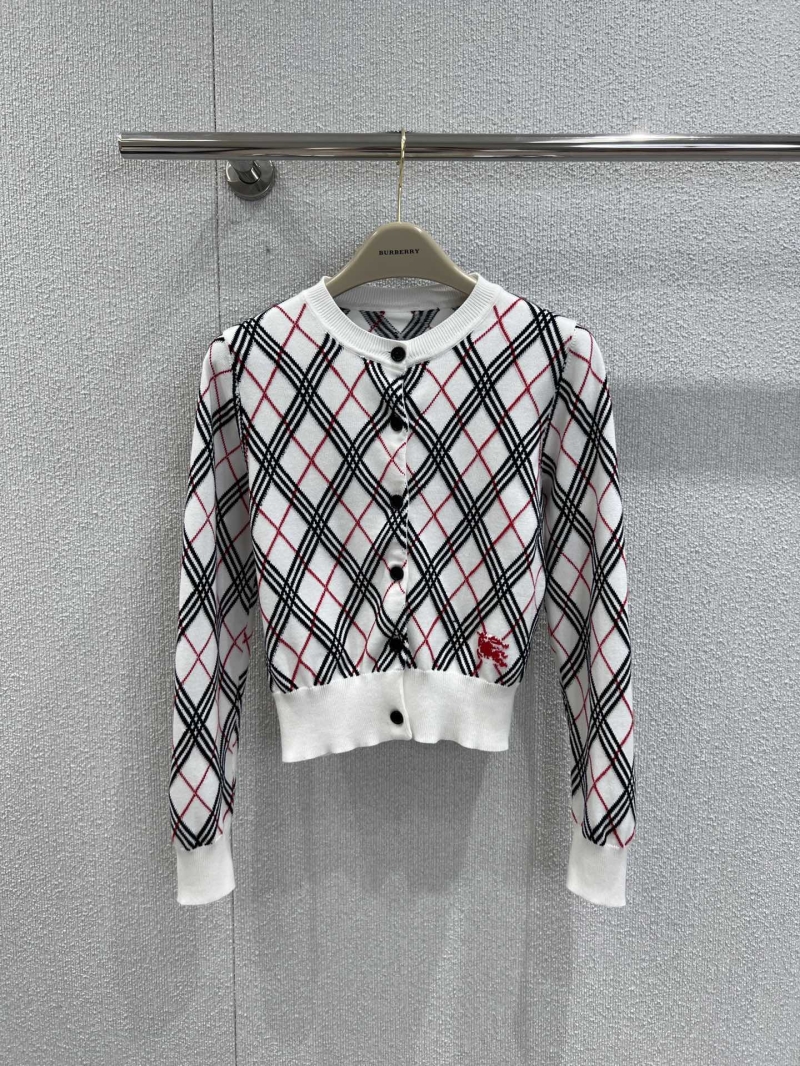 Burberry 25FW Early Autumn Retro Check Knit Cardigan - Black, Red & White | Luxe Short-Sleeve Style with Embroidered Logo
