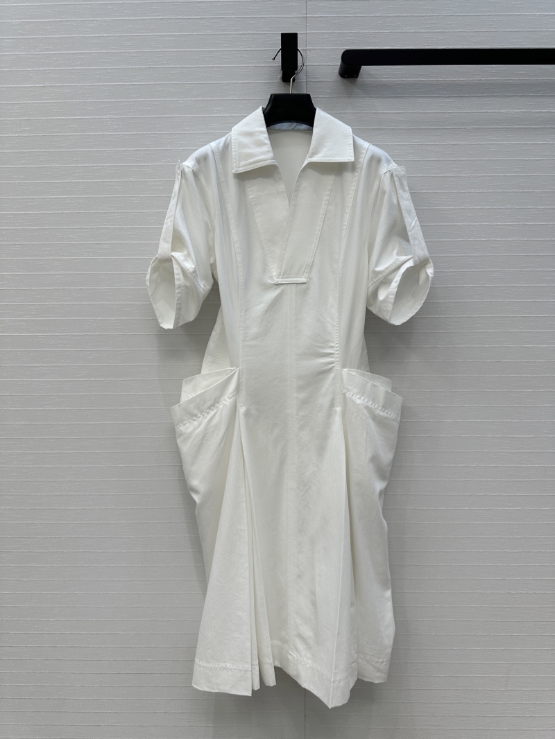 Bottega Veneta Elegant White V-Neck Dress with Pleated Umbrella Hem