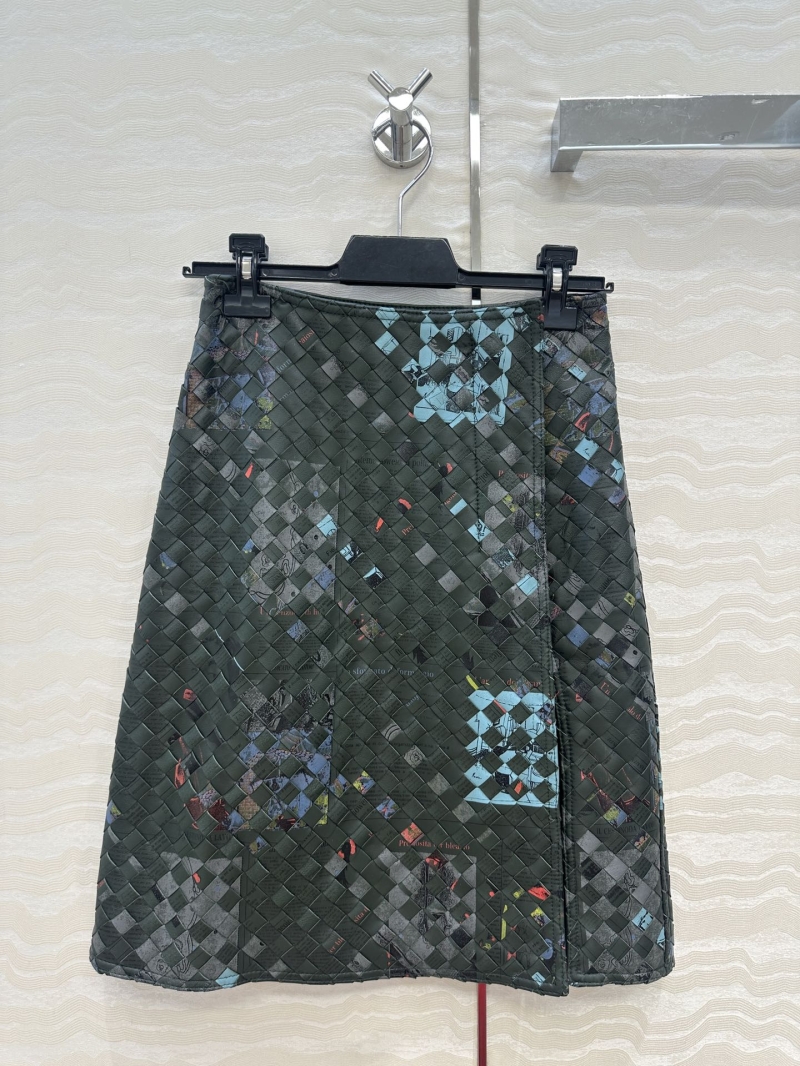 Bottega Veneta Exclusive Limited Edition Graffiti Newspaper Print Split Leather Skirt in Deep Green