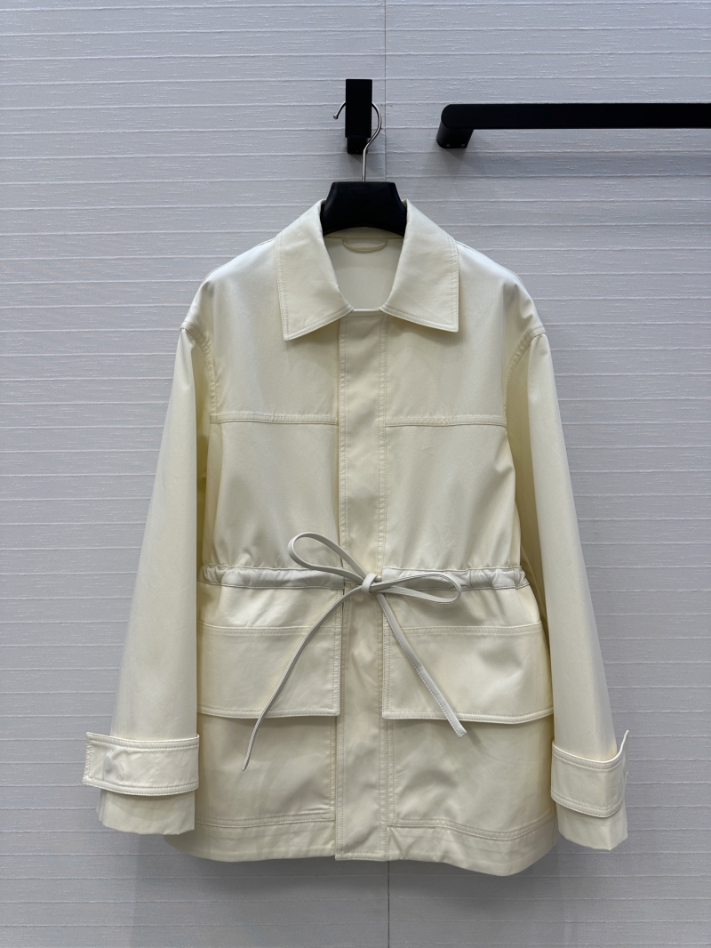 Bottega Veneta Early Autumn Hunting-Style Jacket in Cream White | Premium Imported Cotton & Genuine Leather Trim | Adjustable Waist