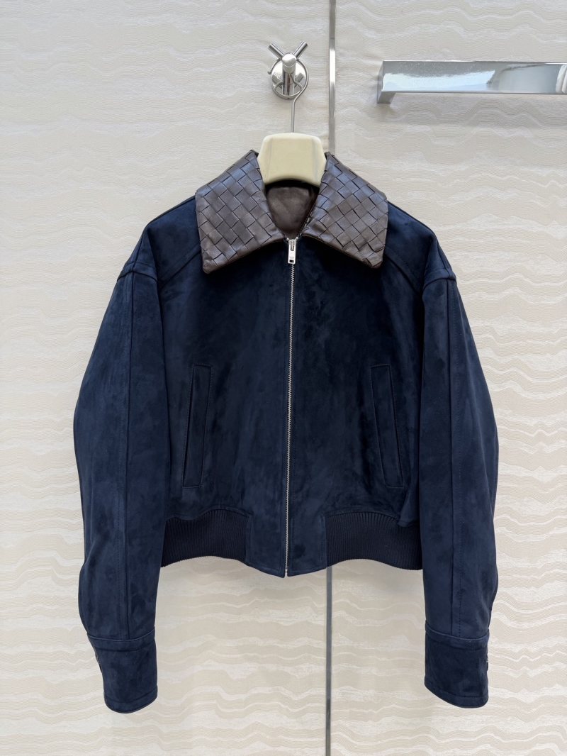 Bottega Veneta Sumptuous Suede Lambskin Cropped Bomber Jacket with Signature Woven Collar, Midnight Blue