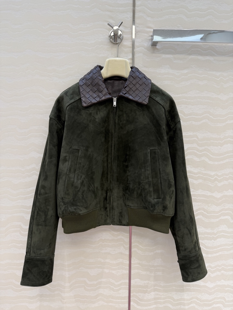 Bottega Veneta Suede Lambskin Bomber Jacket with Signature Intrecciato Collar, Olive