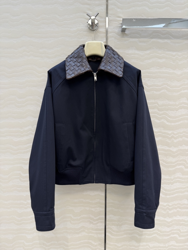 Bottega Veneta Woven Lambskin Leather Collar Twill Cotton Barn Jacket in Navy Blue