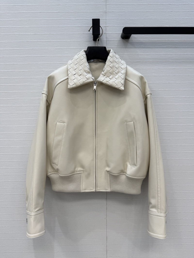 Bottega Veneta White Lambskin Woven Collar Leather Jacket